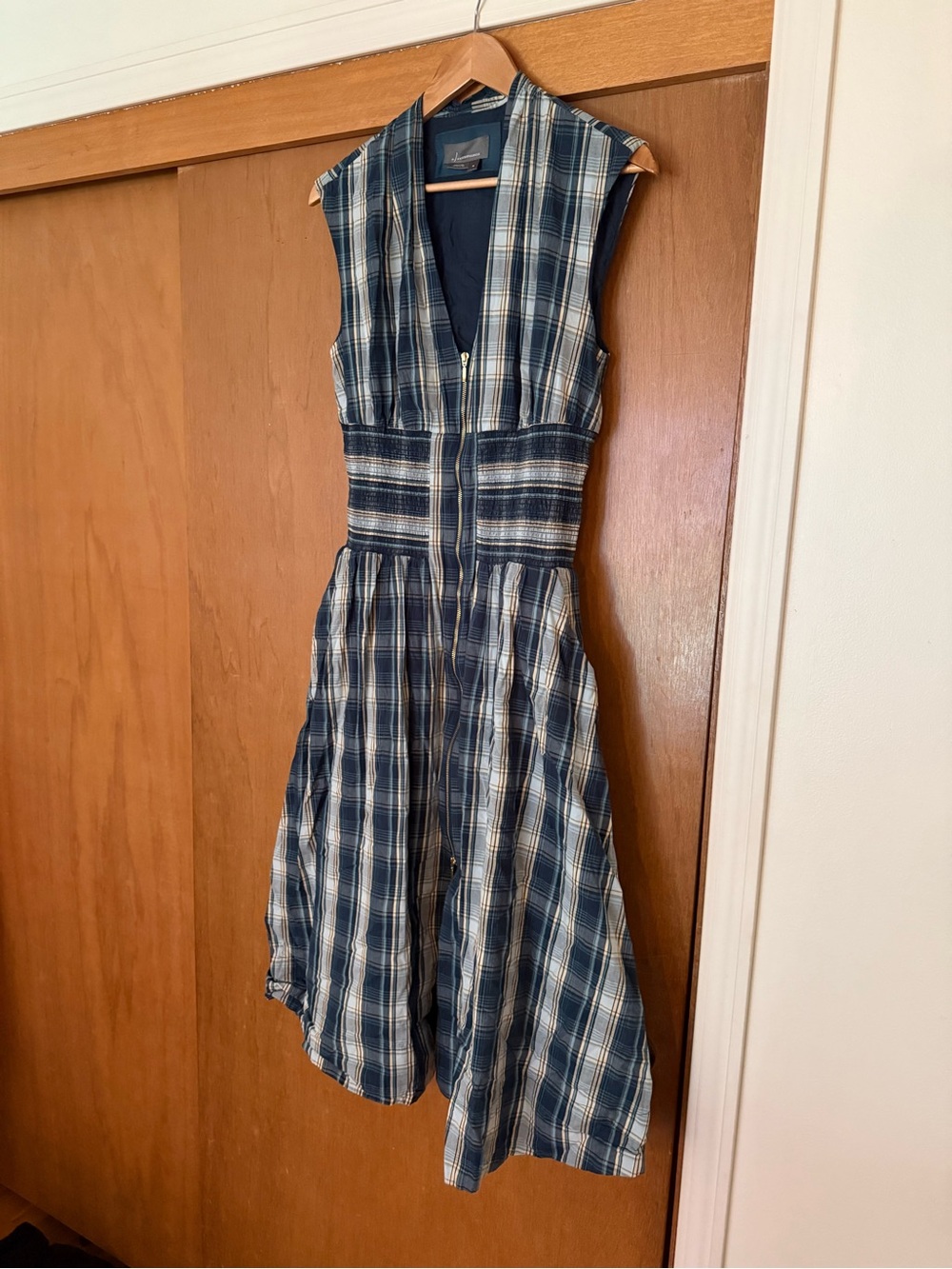 Anthropologie Blue and White Plaid Sleeveless Midi Dress with Front Zip